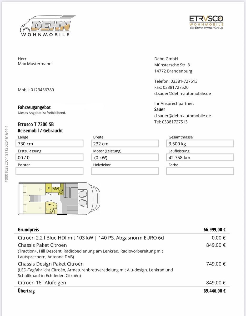 Автодом Etrusco T7300, 2024, МКПП, пробег 42758 км